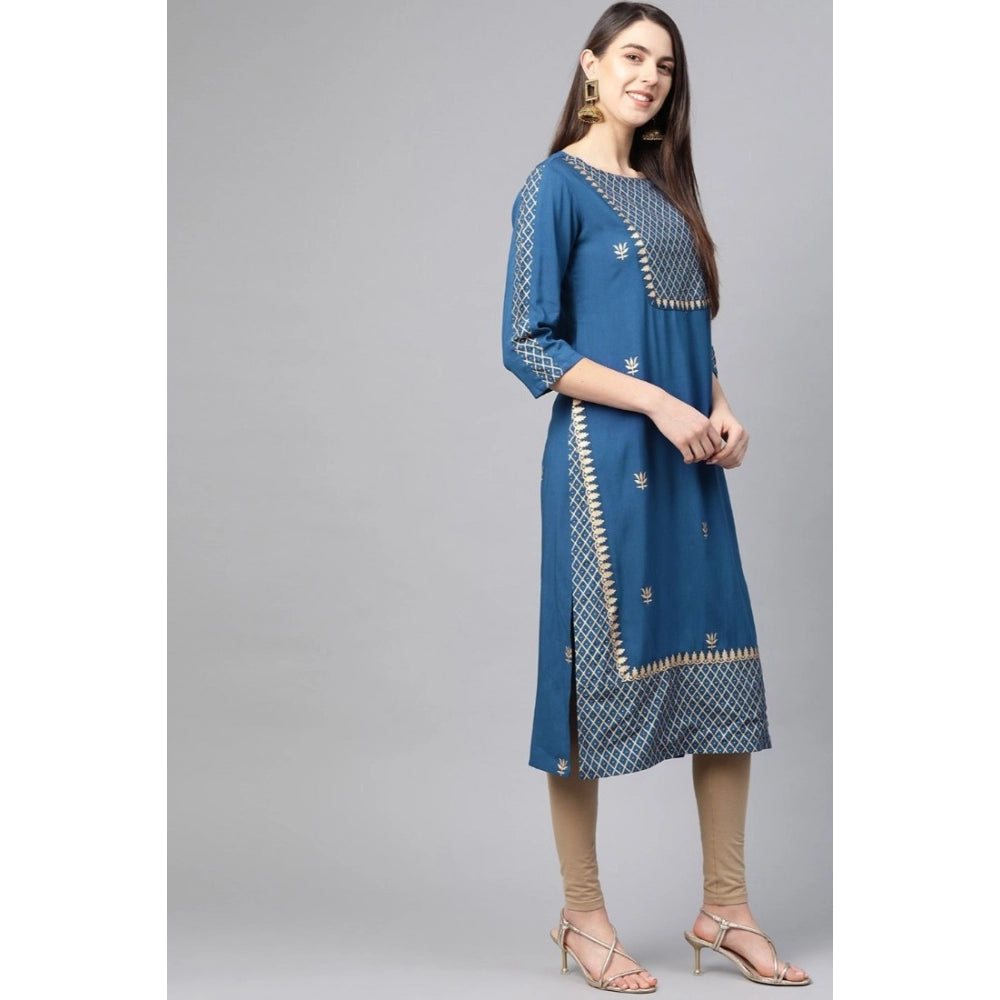 HD Women's Casual 3/4 th Sleeve Floral Printed Rayon Kurti (Blue)