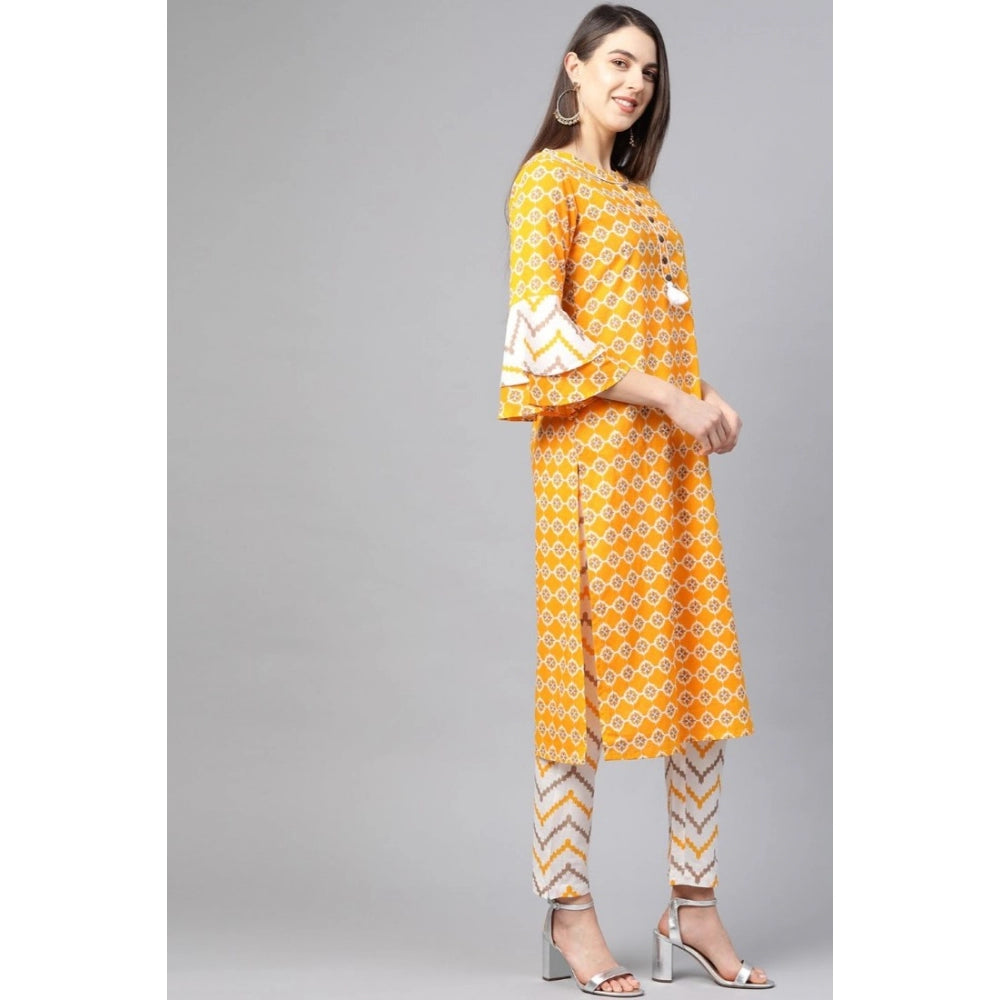 HD Women's Casual 3/4 th Sleeve Floral Printed Cotton Kurti Set (Mustard)