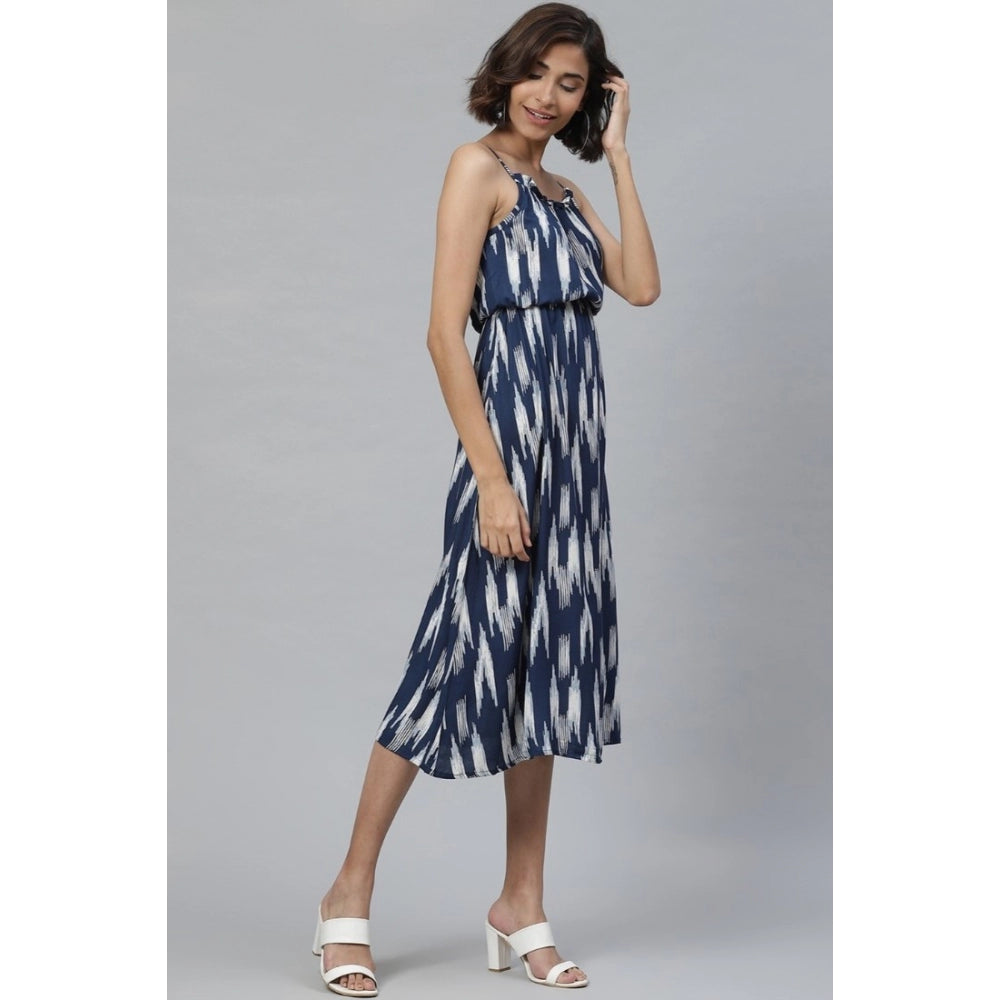 HD Women's Casual Sleeveless Ikat Print Rayon Dress (Blue)