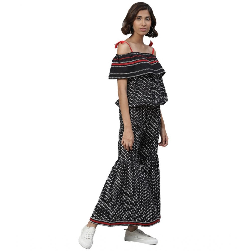 HD Women's Casual shoulder sleeve Geomatrical Printed Cotton Dress (Black)