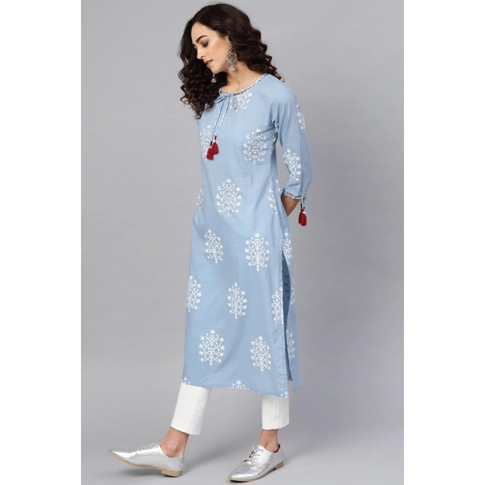 HD Women's Casual 3/4 th Sleeve Embroidery Cambric Cotton Kurti (Blue)