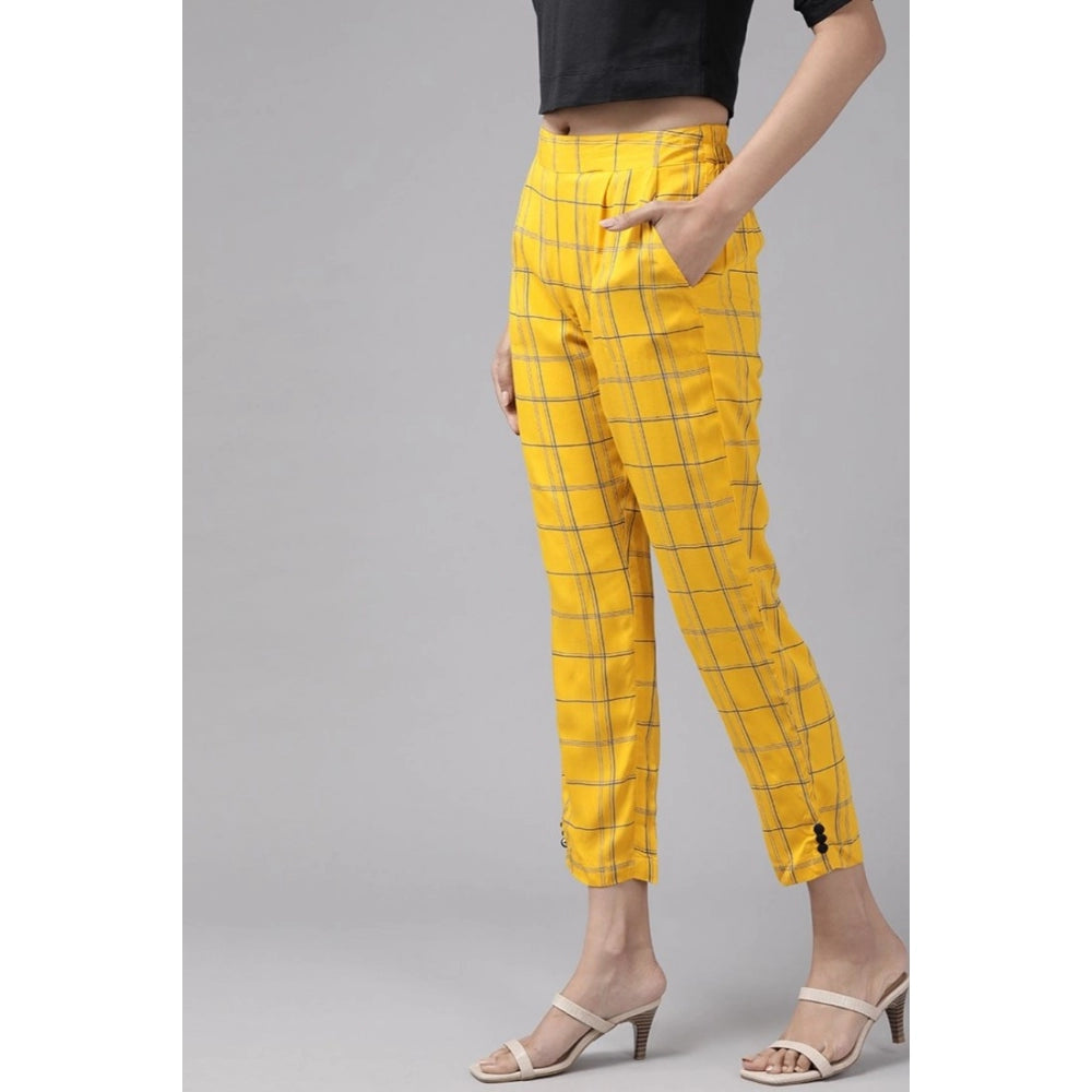 HD Women's Casual Checked Rayon Trouser Pant (Yellow)