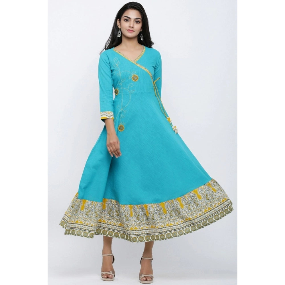 HD Women's Casual 3/4 th Sleeve Embroidery Cotton Blend Kurti (Torque Green)