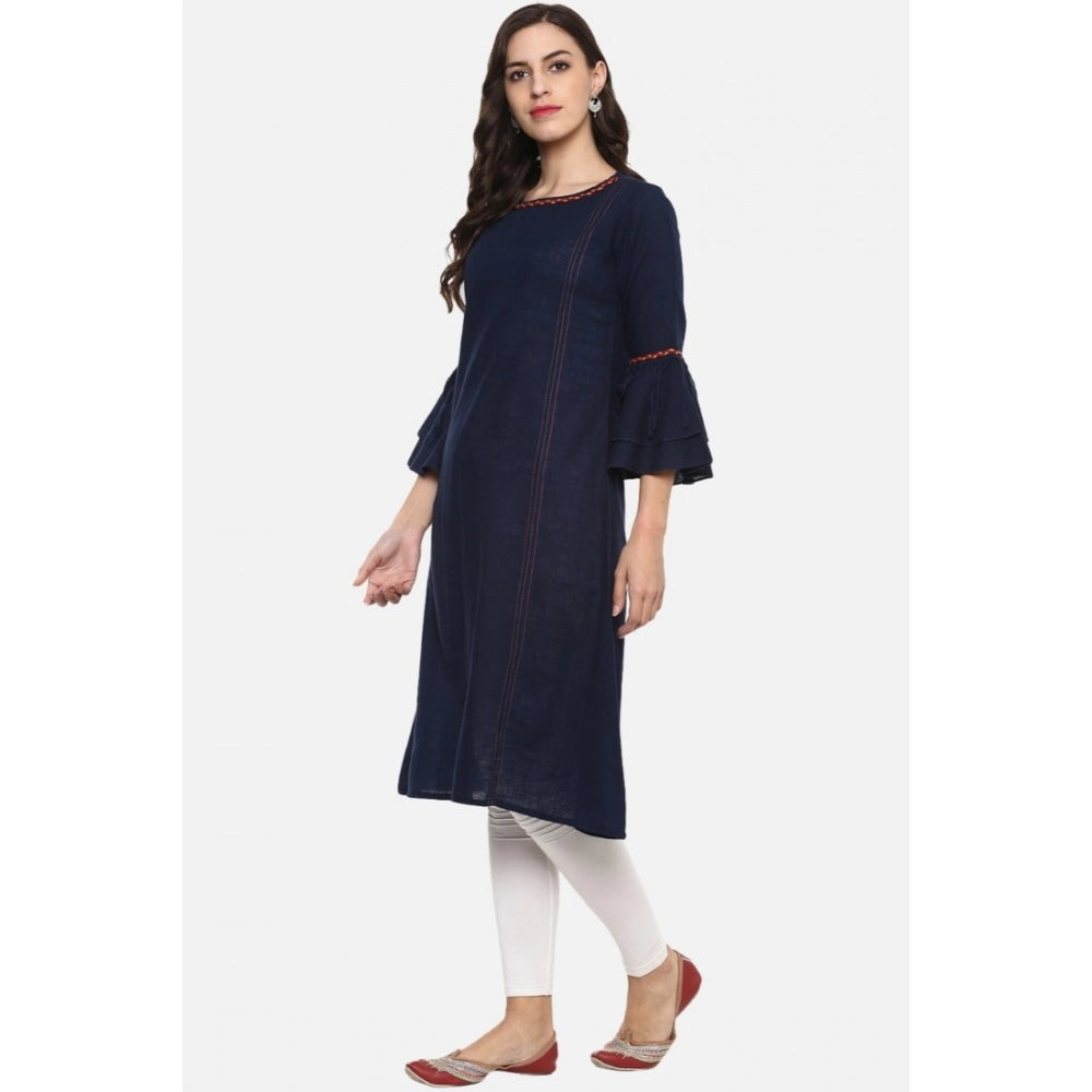 HD Women's Casual Bell Sleeves Solid Cotton Slub Kurti (Blue)