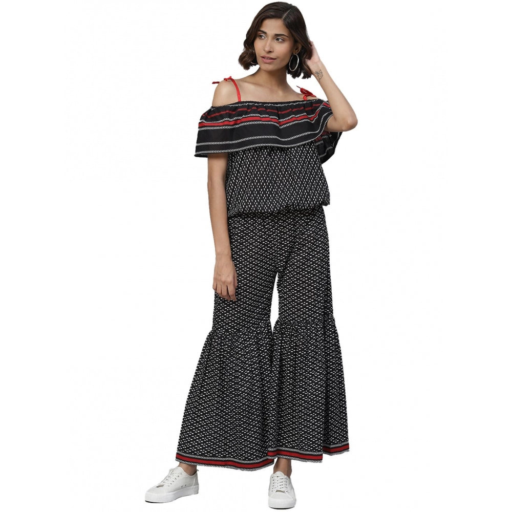 HD Women's Casual shoulder sleeve Geomatrical Printed Cotton Dress (Black)