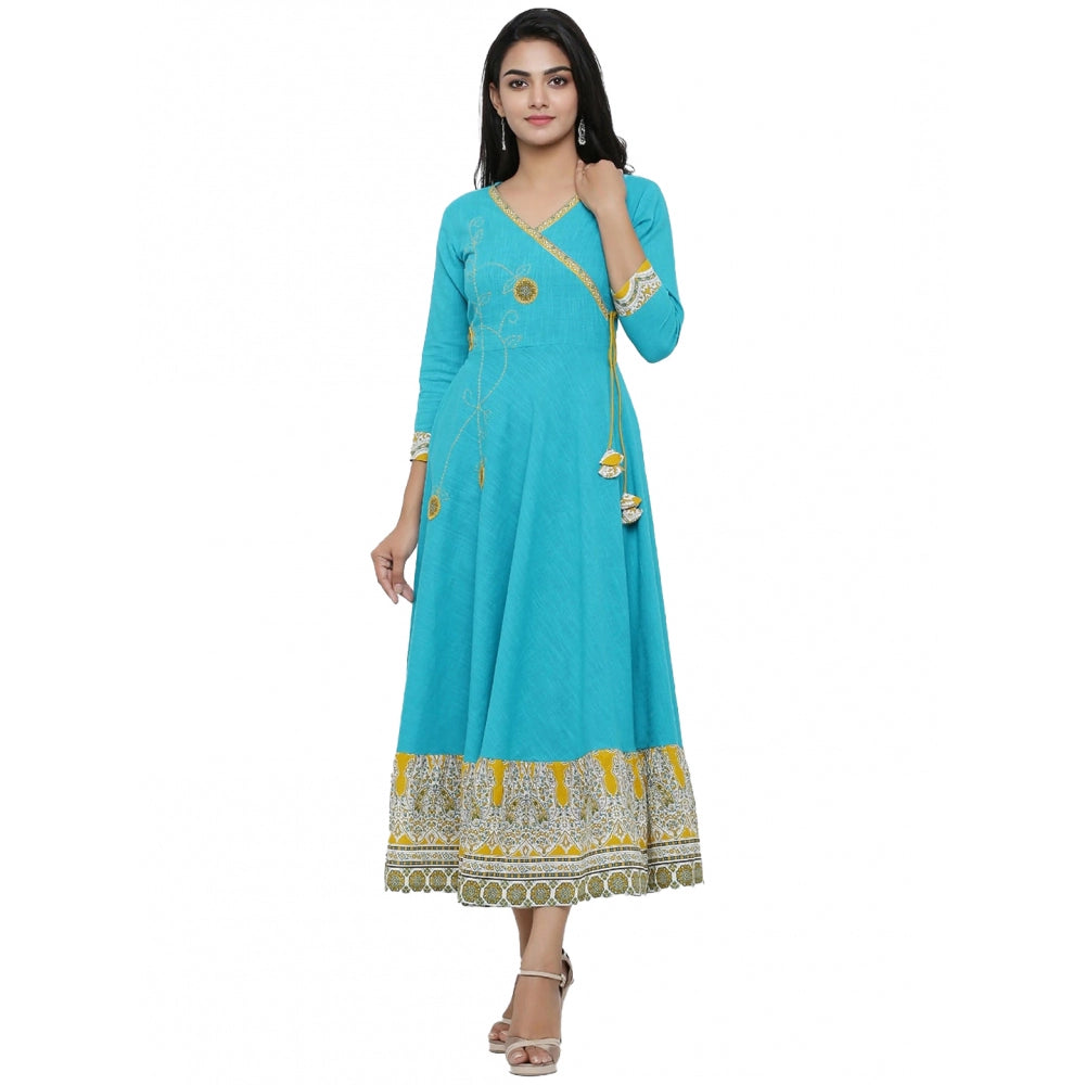 HD Women's Casual 3/4 th Sleeve Embroidery Cotton Blend Kurti (Torque Green)