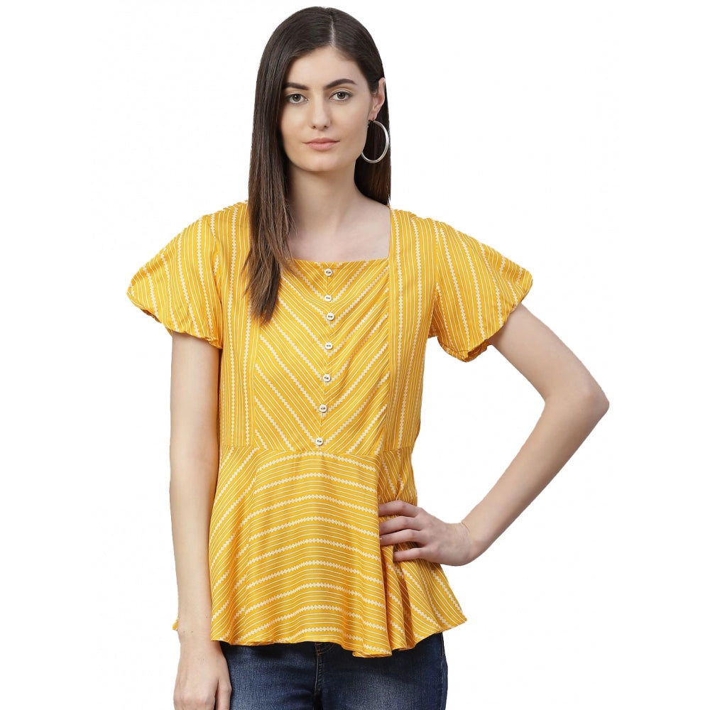 HD Women's Casual Short Sleeves Stripe Printed Rayon Top (Mustard)
