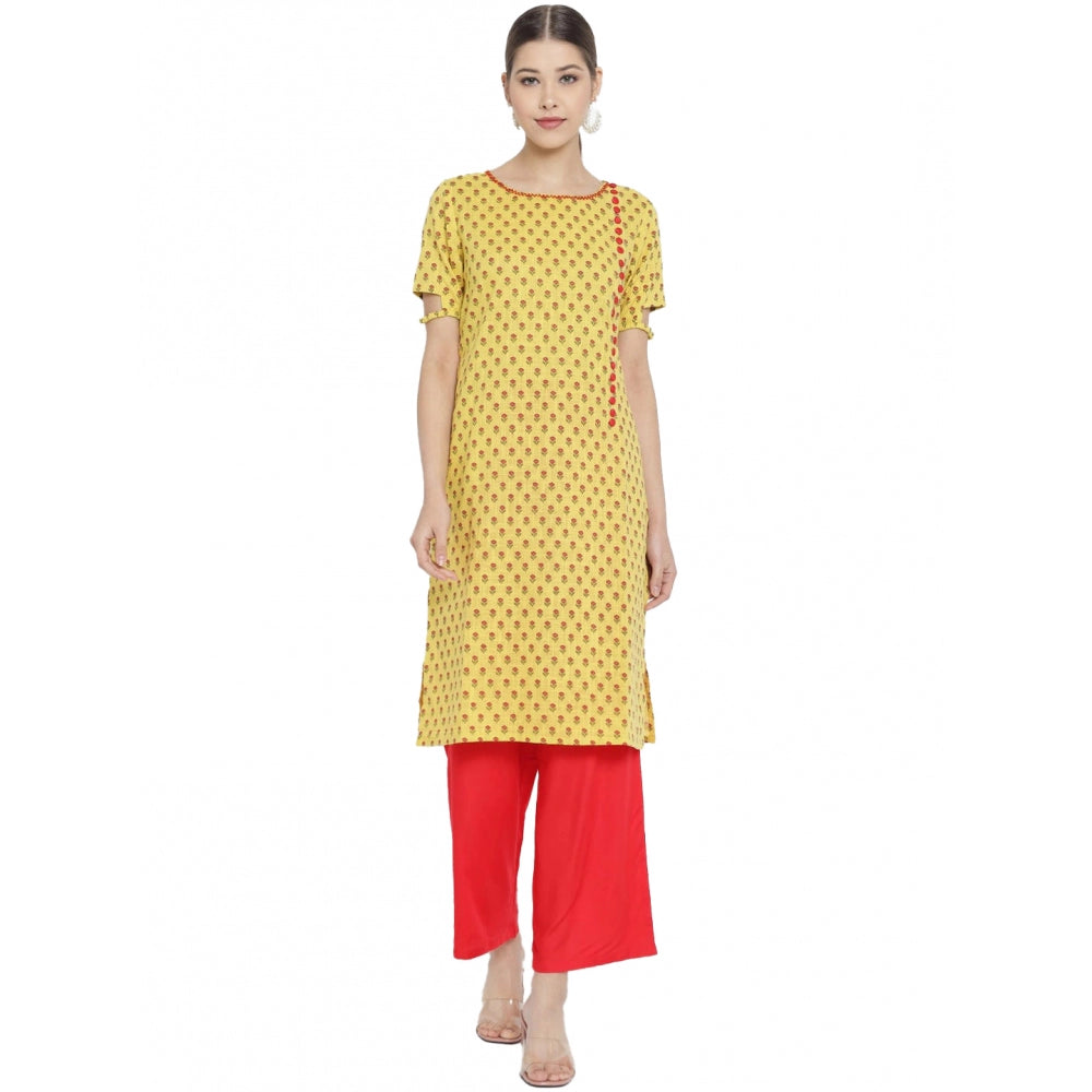 HD Women's Casual Short Sleeves Floral Printed Cotton &amp; Rayon Kurti Palazzo Set (Yellow &amp; Red)