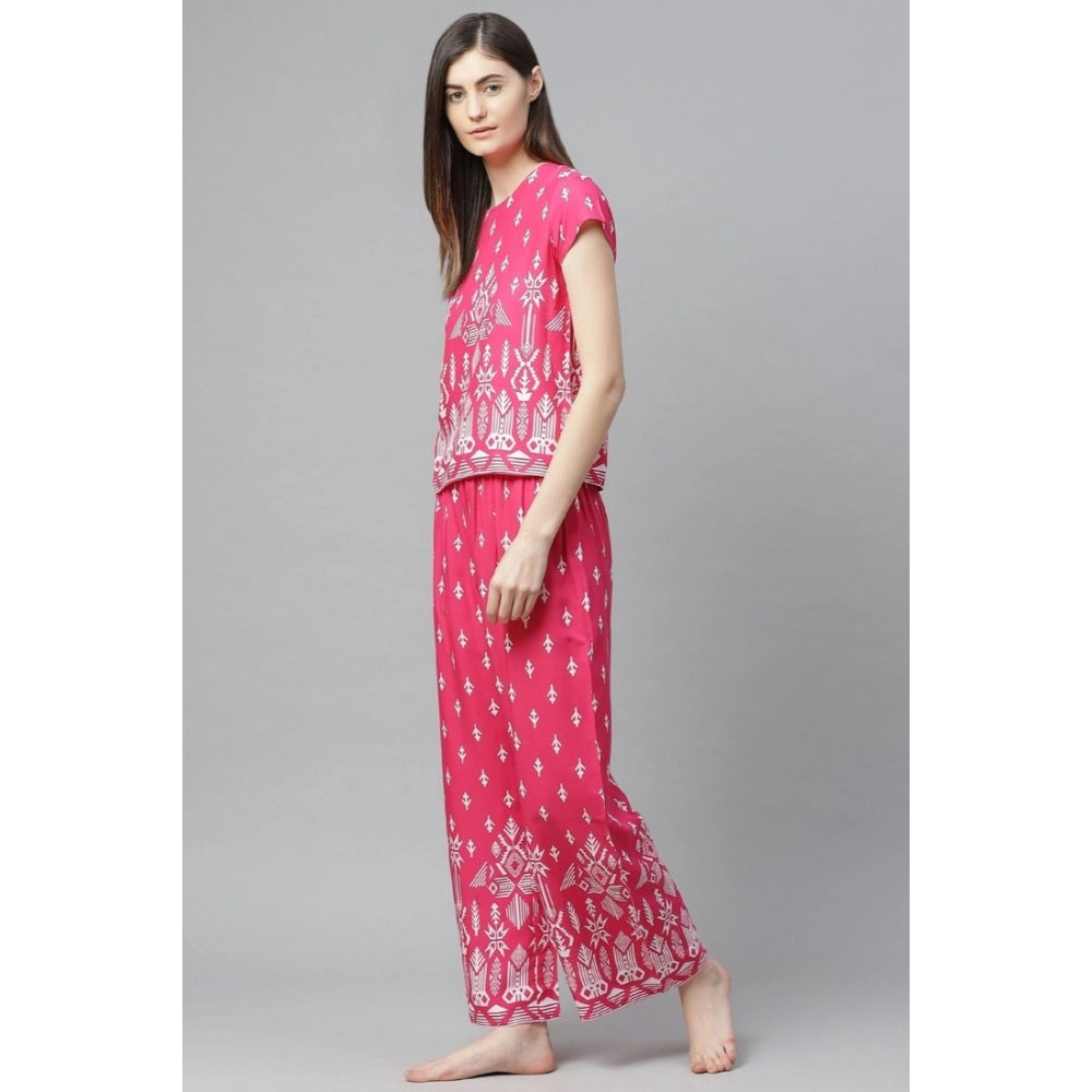 HD Women's Casual Short Sleeve Printed Rayon Pajama Set (Pink)