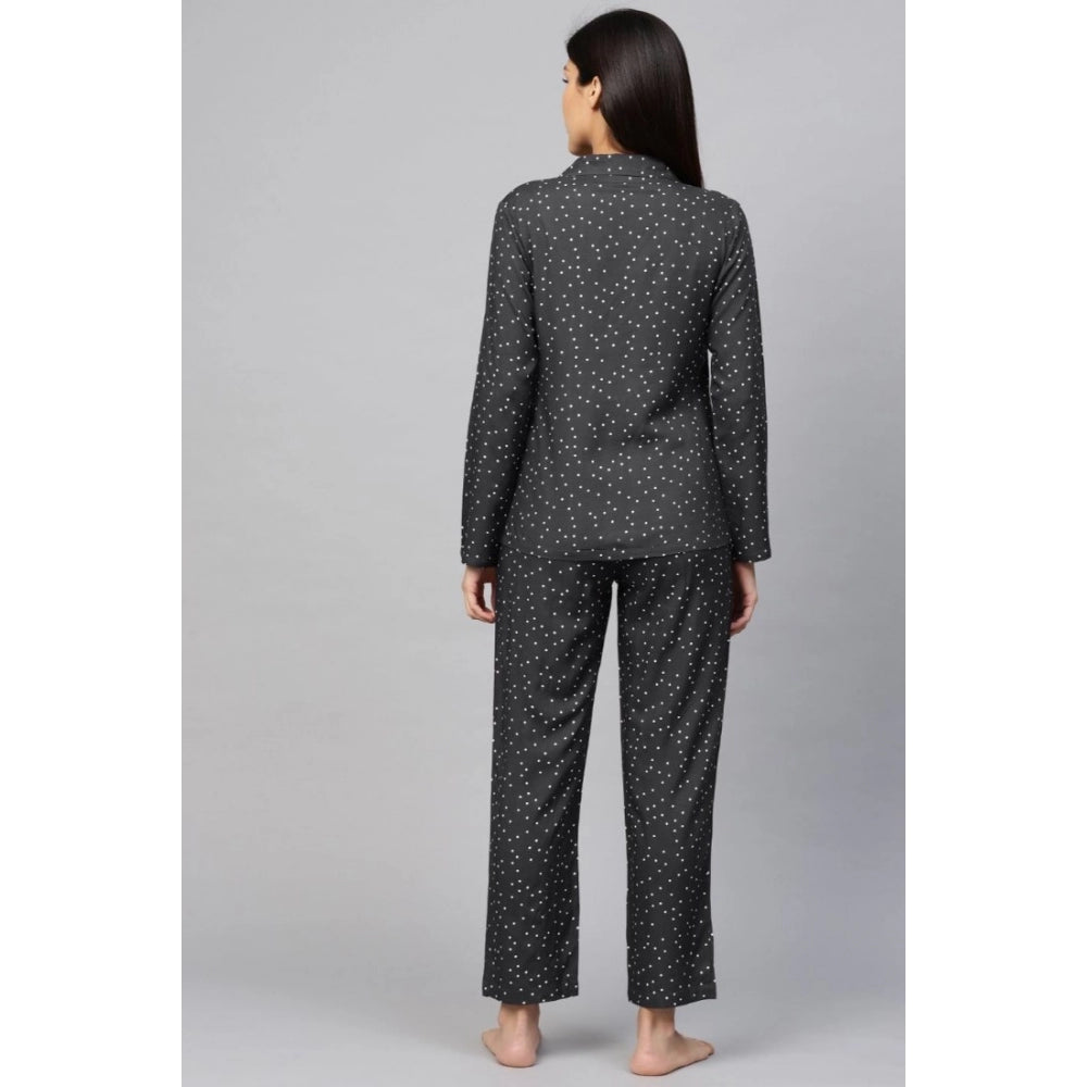 HD Women's Casual Full Sleeves Polka Dot Printed Rayon Shirt With Pyjama Pant Night Suit Set (Grey)
