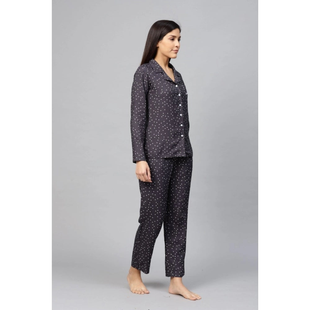 HD Women's Casual Full Sleeves Polka Dot Printed Rayon Shirt With Pyjama Pant Night Suit Set (Grey)