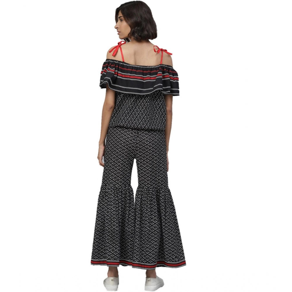 HD Women's Casual shoulder sleeve Geomatrical Printed Cotton Dress (Black)