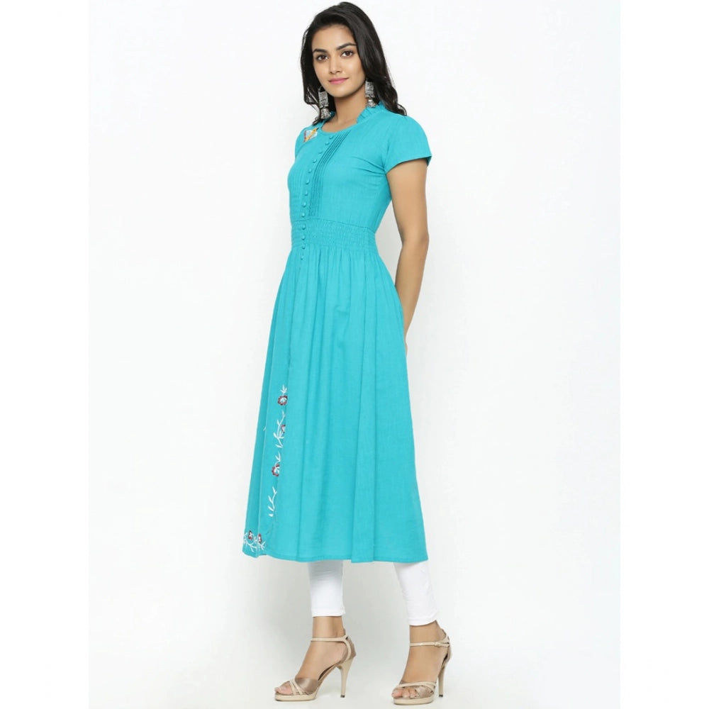 HD Women's Casual Short Sleeve Embroidery Cotton Slub Kurti (Torque Green)