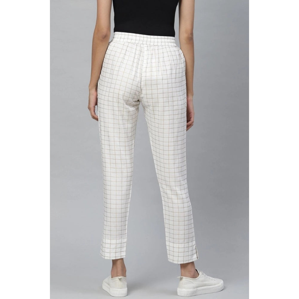 HD Women's Casual Checked Rayon Trouser Pant (White)