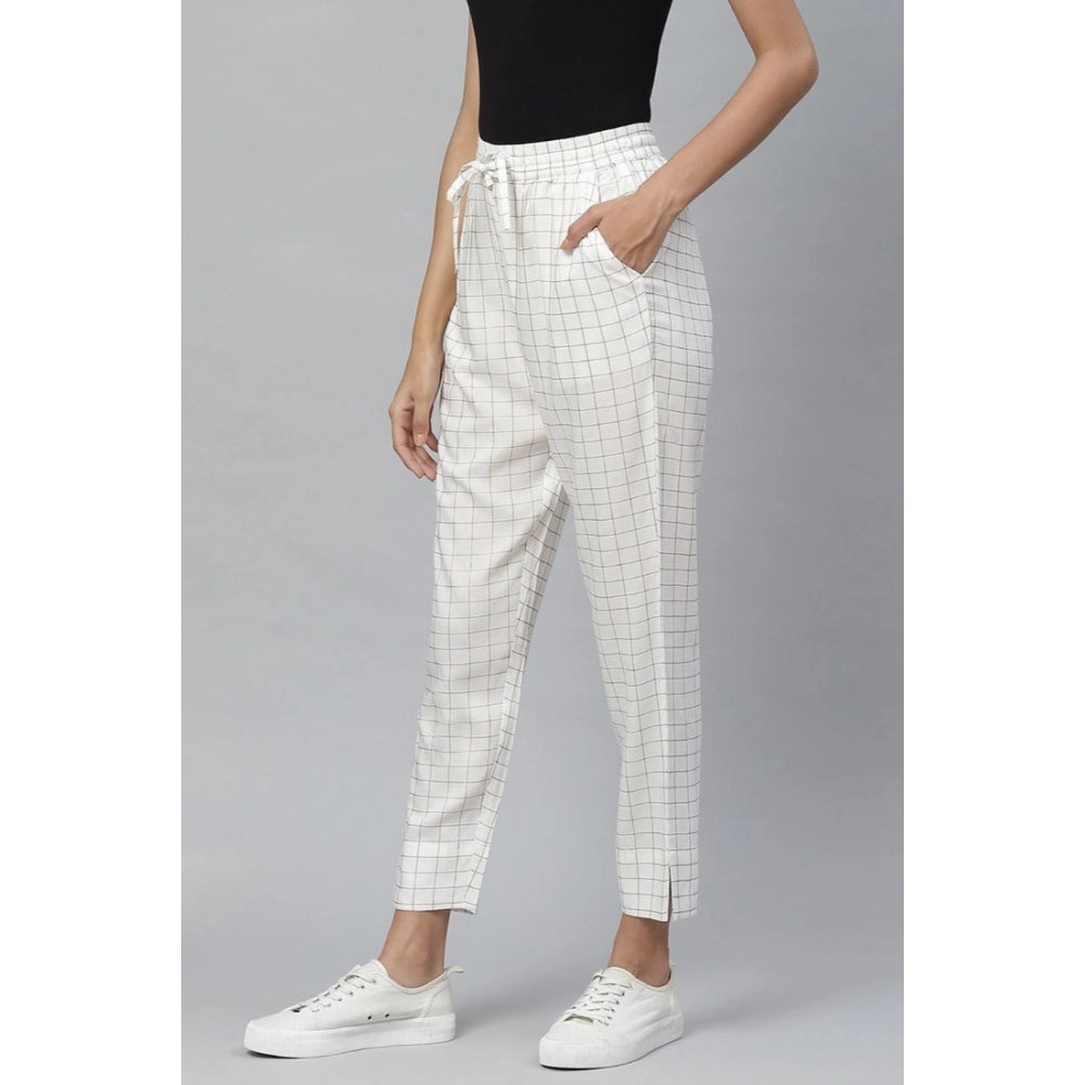 HD Women's Casual Checked Rayon Trouser Pant (White)