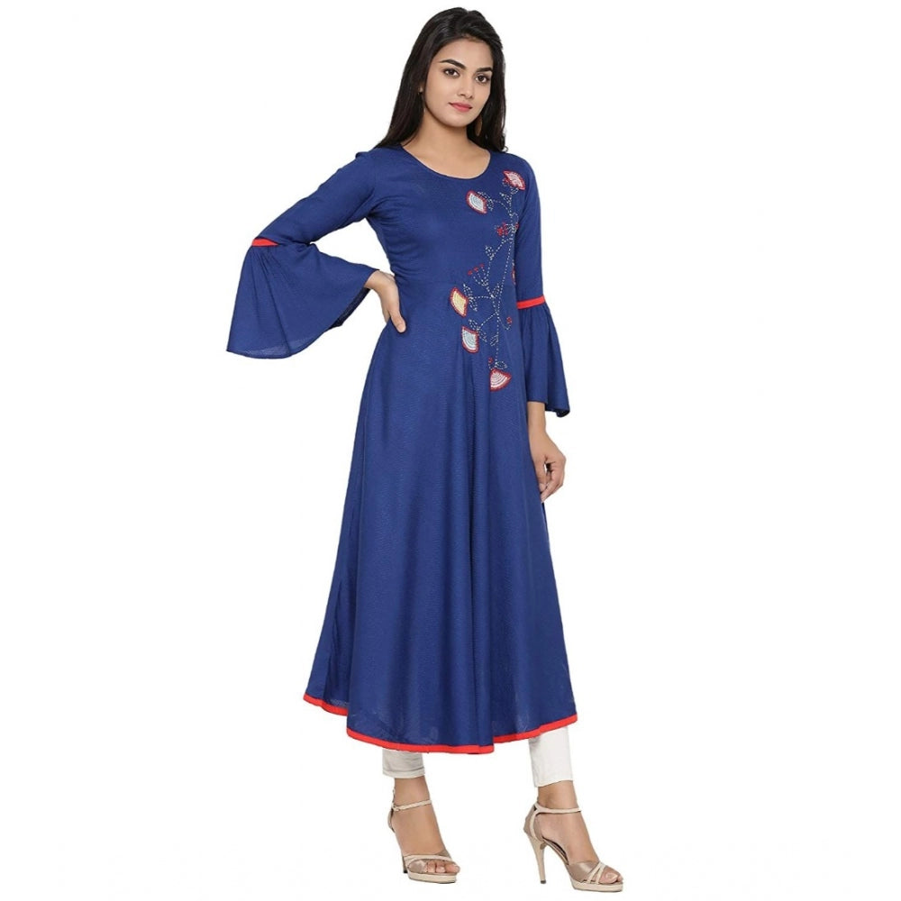 HD Women's Casual Bell Sleeves Embroidery Rayon Kurti (Blue)