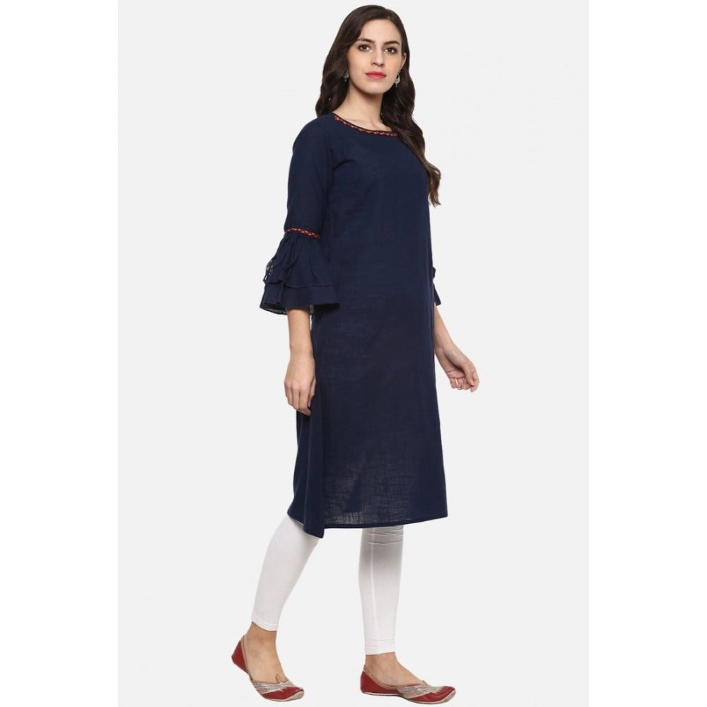 HD Women's Casual Bell Sleeves Solid Cotton Slub Kurti (Blue)
