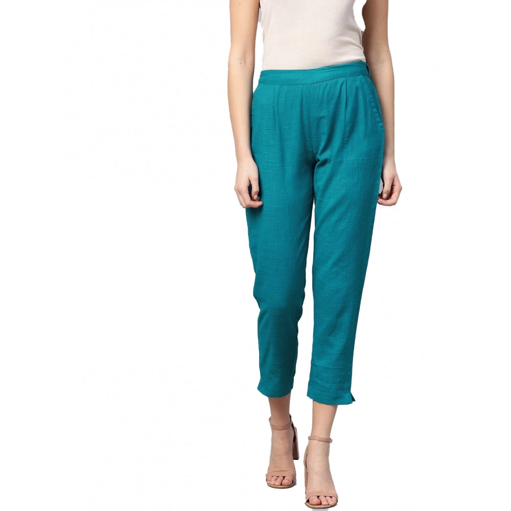 HD Women's Casual Solid Cotton Slub Trouser Pant (Rama Blue)