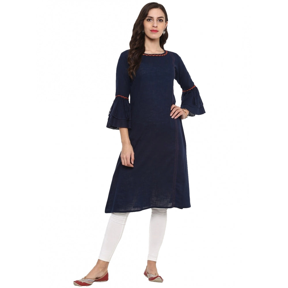 HD Women's Casual Bell Sleeves Solid Cotton Slub Kurti (Blue)