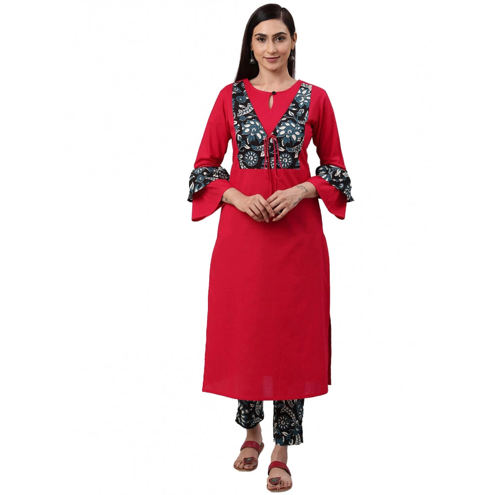 HD Women's Casual Bell Sleeves Floral Printed Cotton Kurti Set (Rani Pink)