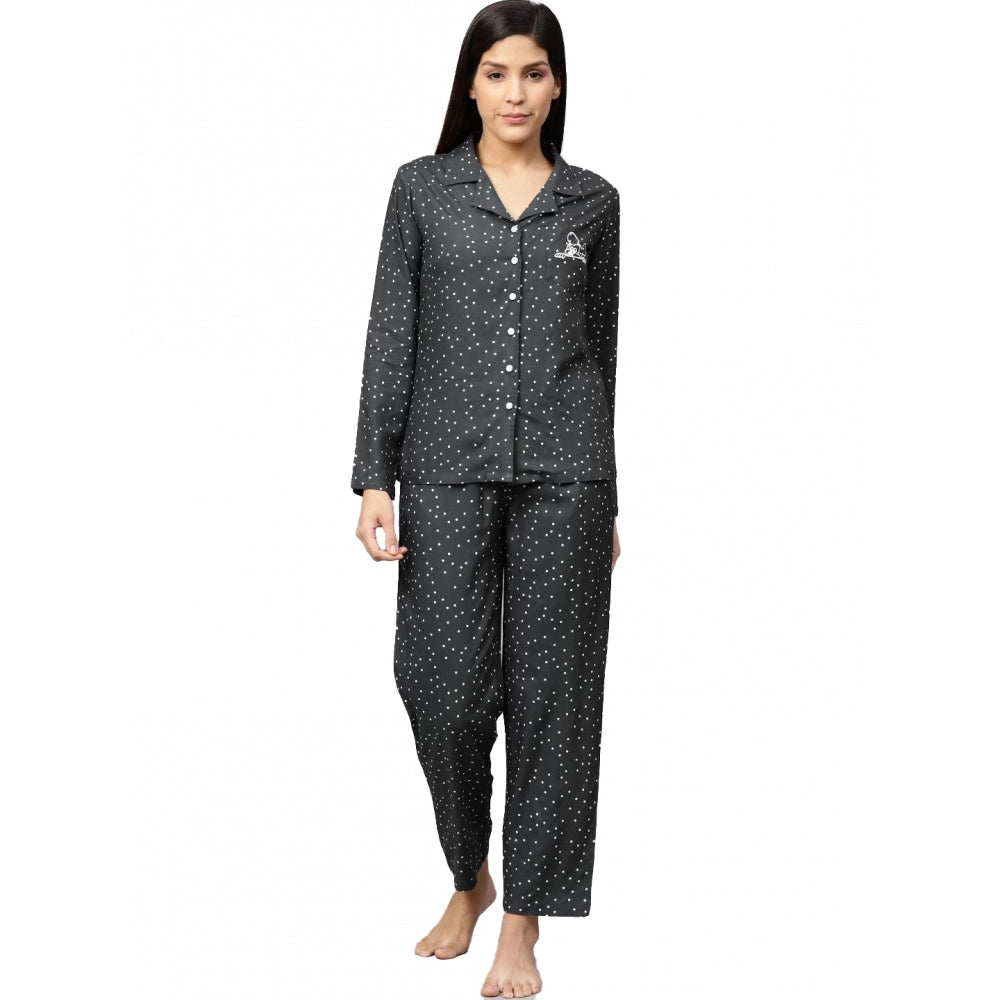 HD Women's Casual Full Sleeves Polka Dot Printed Rayon Shirt With Pyjama Pant Night Suit Set (Grey)