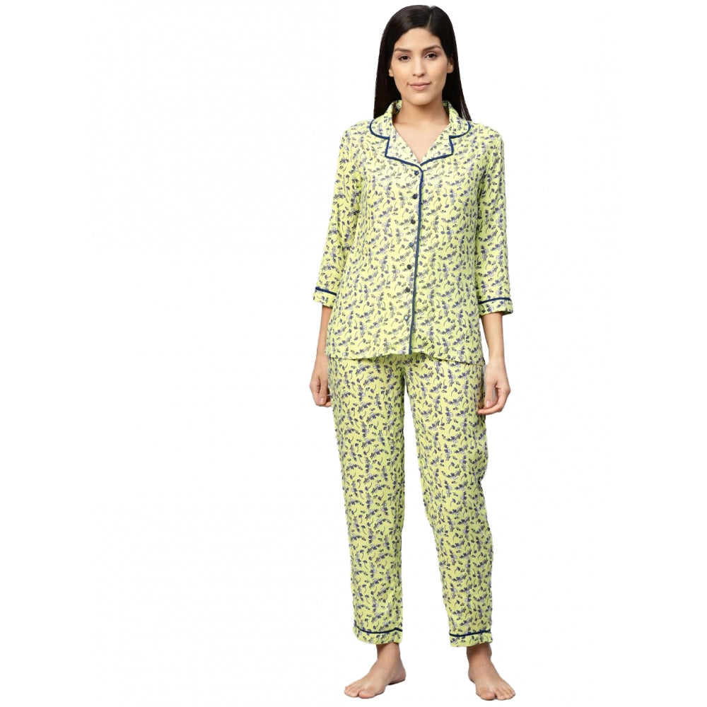 HD Women's Casual 3/4 Sleeve Floral Printed Rayon Shirt With Pyjama Pant Night Suit Set (Green)