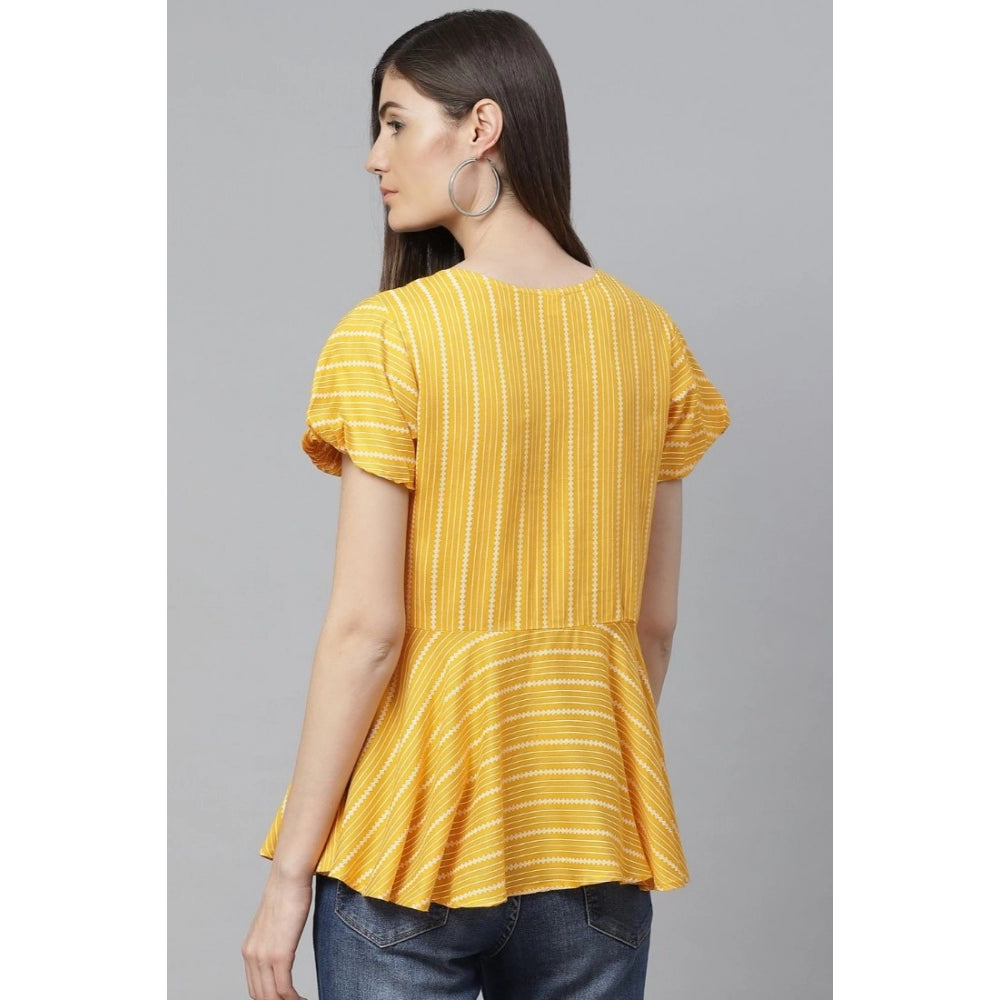 HD Women's Casual Short Sleeves Stripe Printed Rayon Top (Mustard)