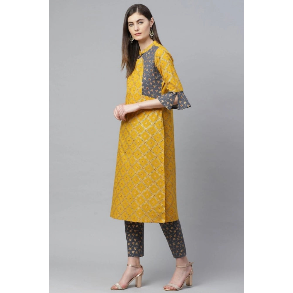 HD Women's Casual Bell Sleeves Geomatrical Printed Cotton Kurti Set (Yellow)