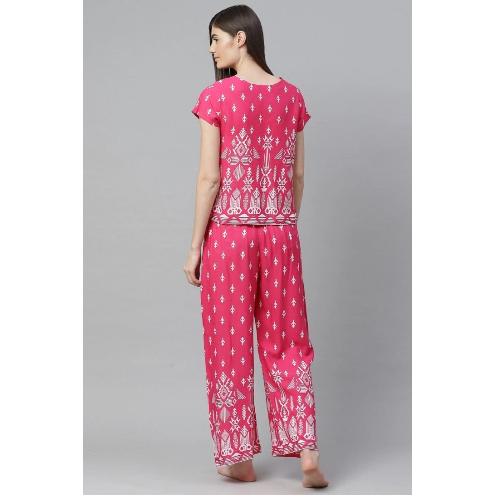 HD Women's Casual Short Sleeve Printed Rayon Pajama Set (Pink)