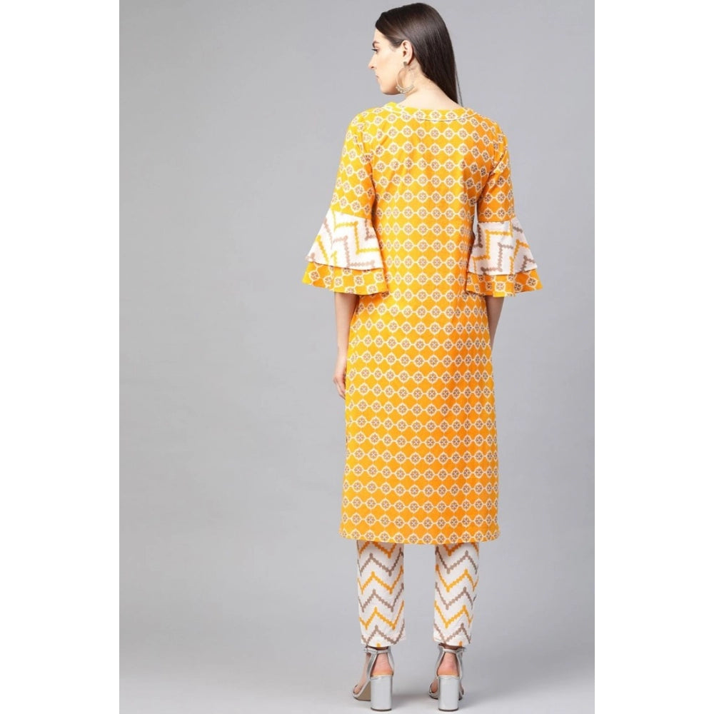 HD Women's Casual 3/4 th Sleeve Floral Printed Cotton Kurti Set (Mustard)