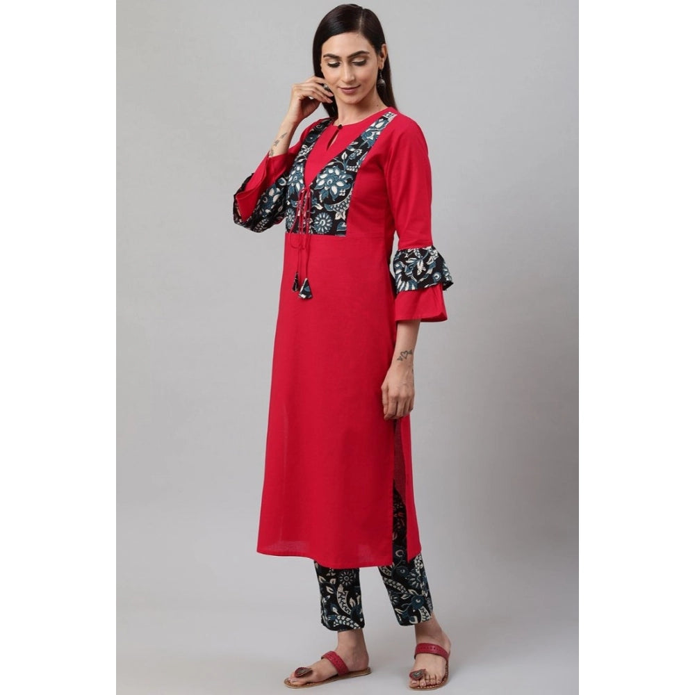 HD Women's Casual Bell Sleeves Floral Printed Cotton Kurti Set (Rani Pink)