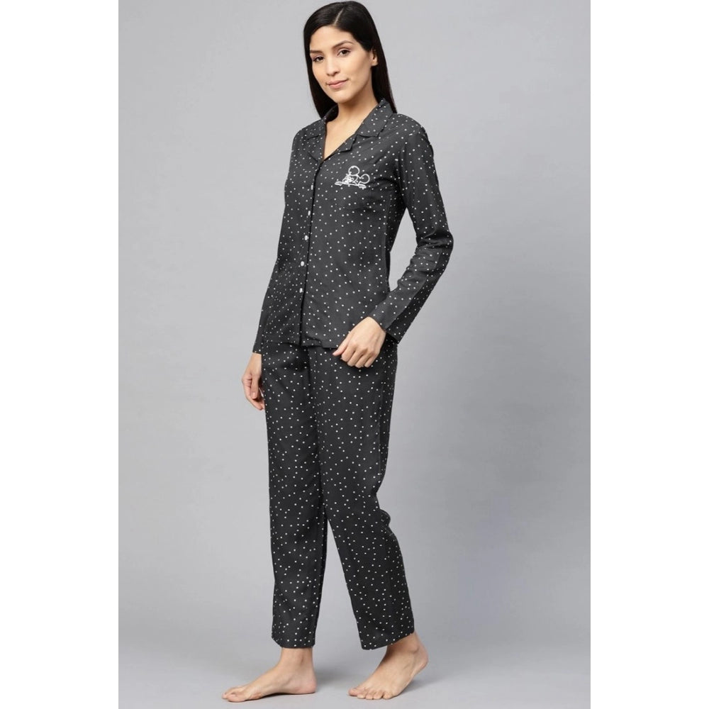 HD Women's Casual Full Sleeves Polka Dot Printed Rayon Shirt With Pyjama Pant Night Suit Set (Grey)