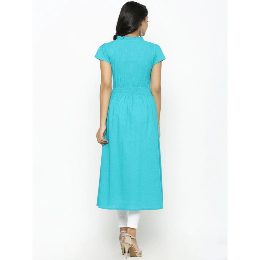 HD Women's Casual Short Sleeve Embroidery Cotton Slub Kurti (Torque Green)
