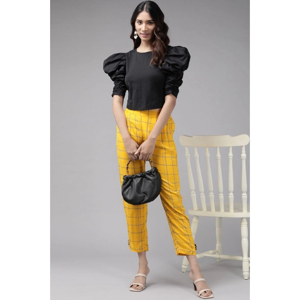 HD Women's Casual Checked Rayon Trouser Pant (Yellow)
