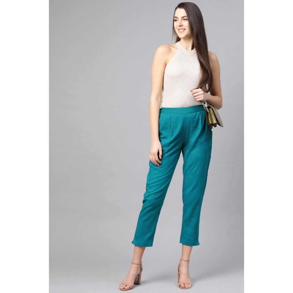 HD Women's Casual Solid Cotton Slub Trouser Pant (Rama Blue)