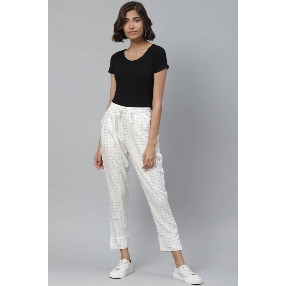 HD Women's Casual Checked Rayon Trouser Pant (White)