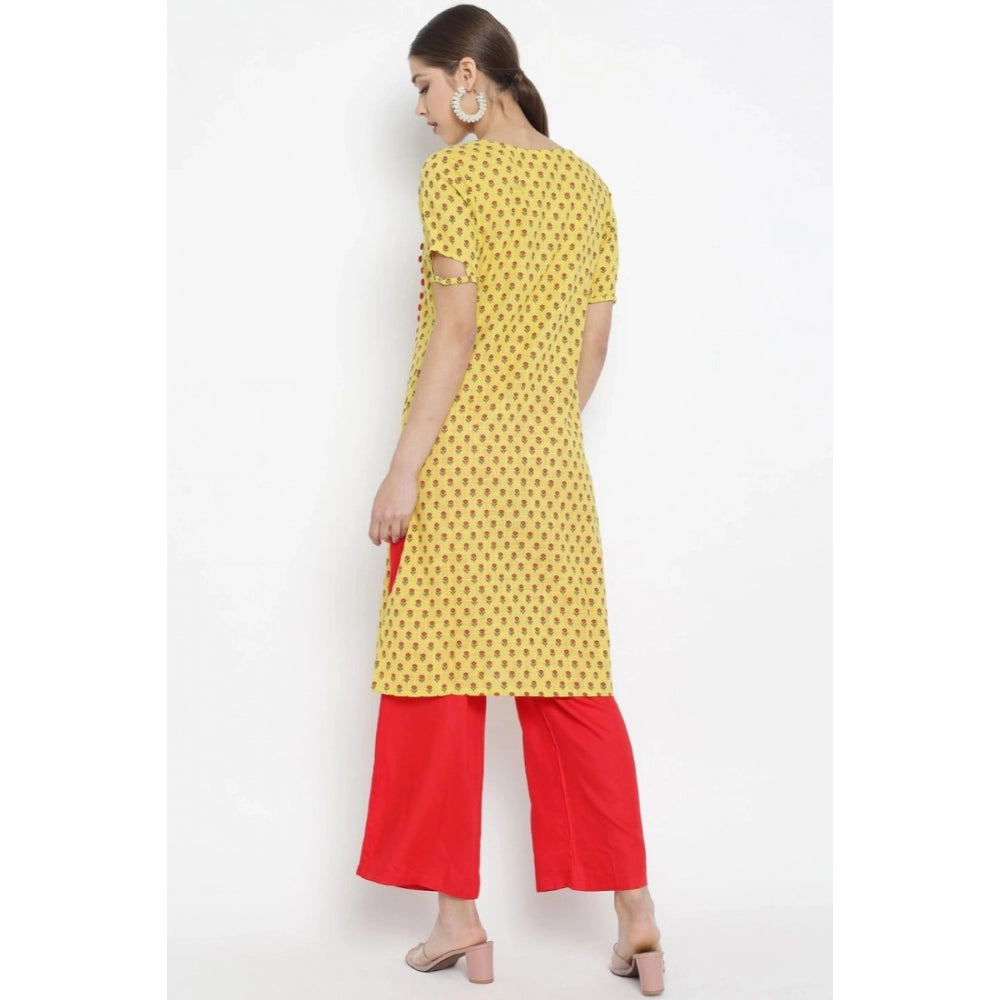 HD Women's Casual Short Sleeves Floral Printed Cotton &amp; Rayon Kurti Palazzo Set (Yellow &amp; Red)