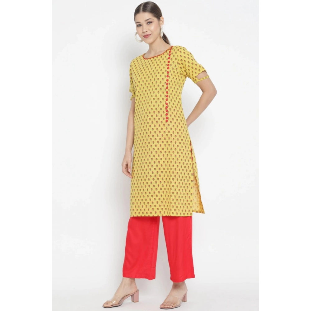 HD Women's Casual Short Sleeves Floral Printed Cotton &amp; Rayon Kurti Palazzo Set (Yellow &amp; Red)