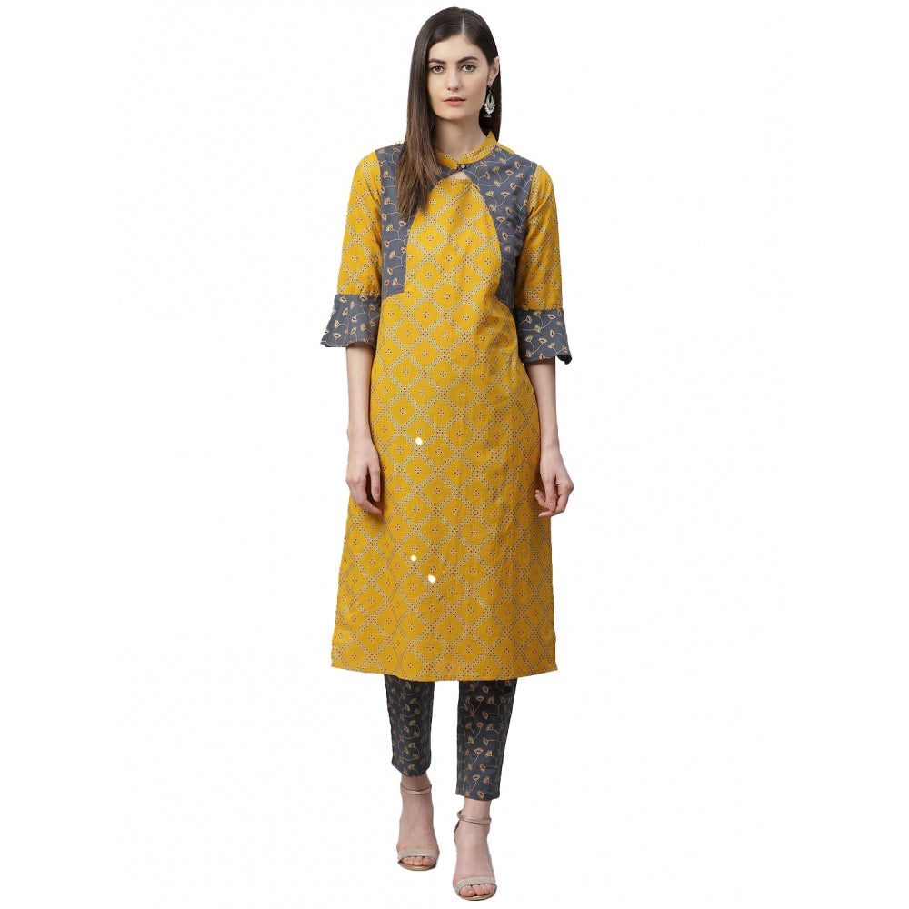 HD Women's Casual Bell Sleeves Geomatrical Printed Cotton Kurti Set (Yellow)