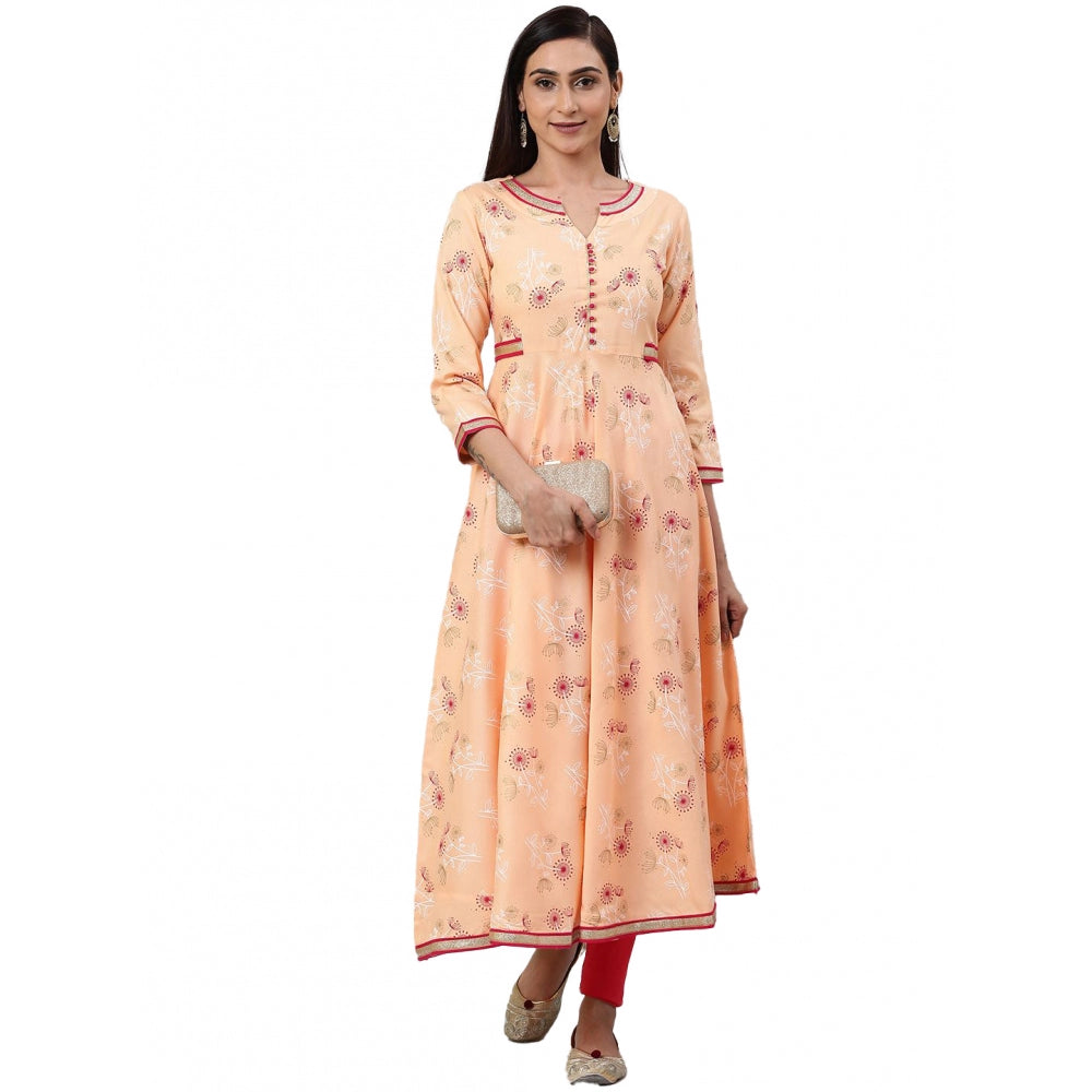 HD Women's Casual 3/4 th Sleeve Floral Printed Rayon Kurti (Peach)