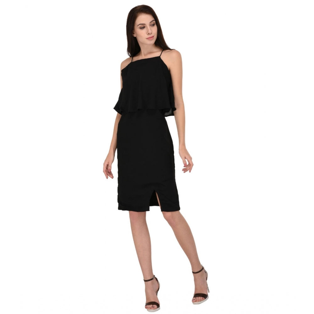 HD Women's Cotton Blend Solid Sleeveless Dress (Black)