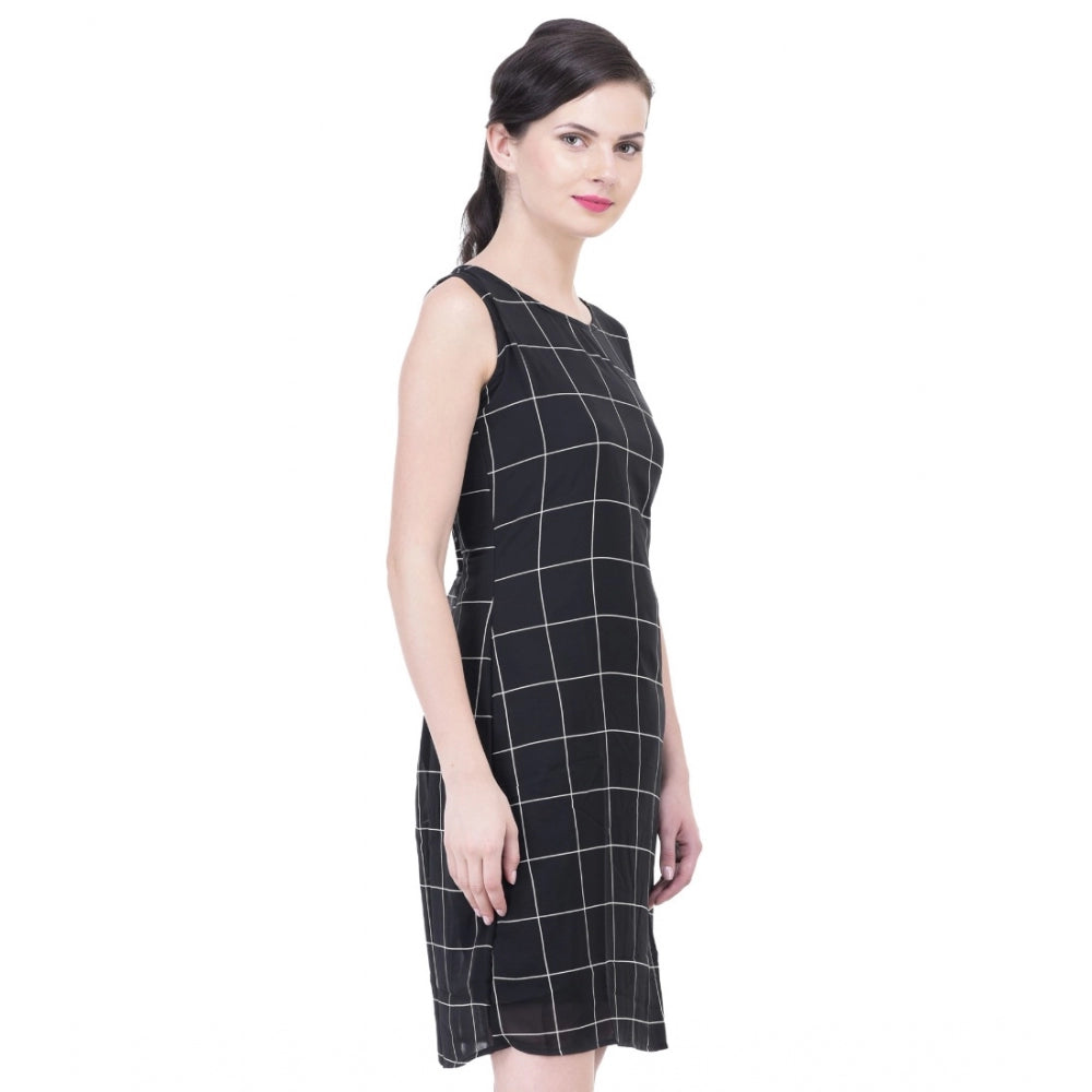 HD Women's Cotton Blend Checked Sleeveless Sheath Dress (Black)