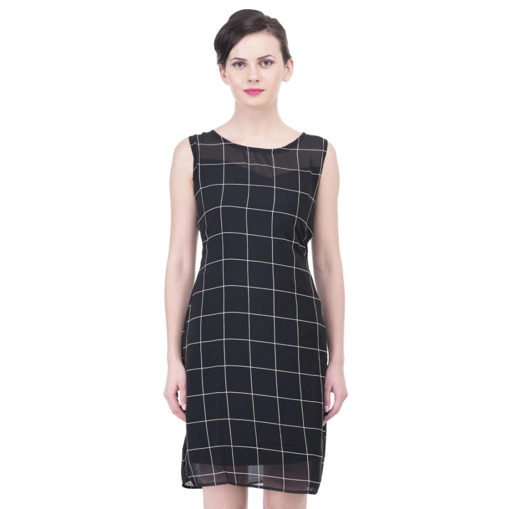 HD Women's Cotton Blend Checked Sleeveless Sheath Dress (Black)
