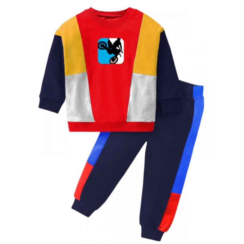 HamariDookan Boy's Casual Full Sleeve Printed Cotton T Shirt With Pant (Red)