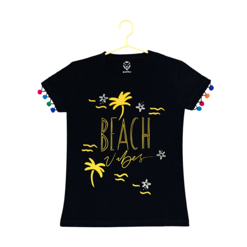 HamariDookan Girl's Casual Short Sleeve Printed Cotton T Shirt (Black)