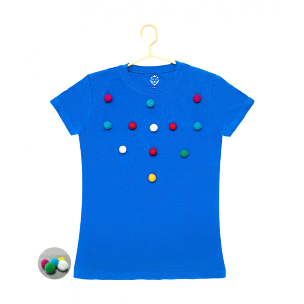 HamariDookan Girl's Casual Short Sleeve Pom Pom Balls Cotton T Shirt (Royal Blue)