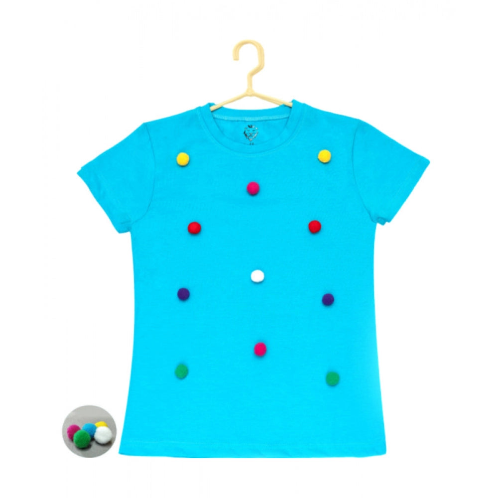 HamariDookan Girl's Casual Short Sleeve Pom Pom Balls Cotton T Shirt (Blue)