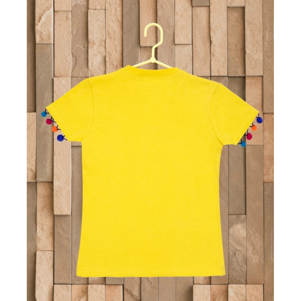 HamariDookan Girl's Casual Short Sleeve Printed Cotton T Shirt (Yellow)