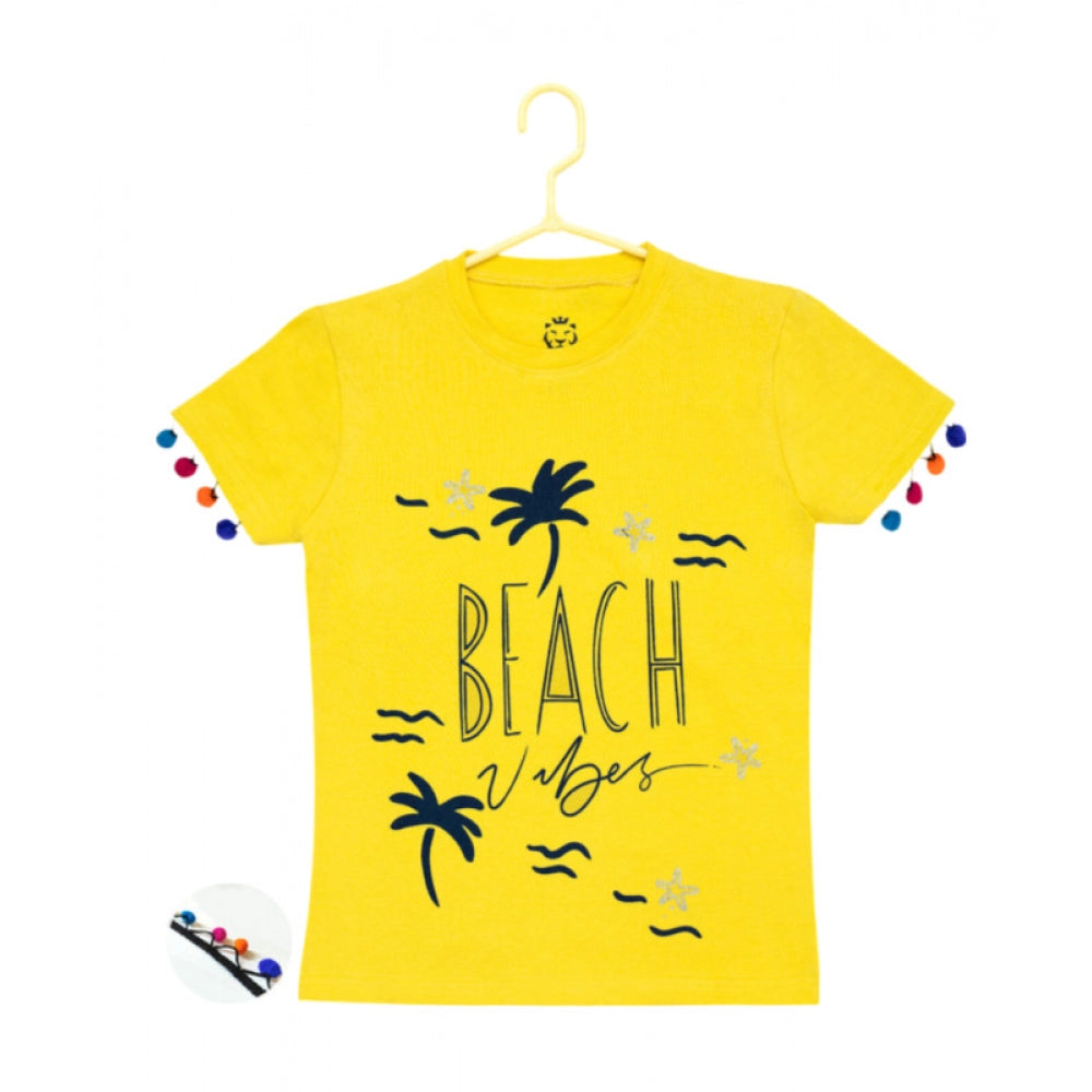 HamariDookan Girl's Casual Short Sleeve Printed Cotton T Shirt (Yellow)