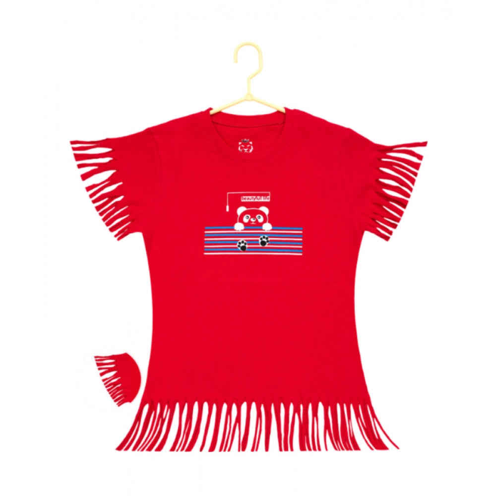HamariDookan Girl's Casual Short Sleeve Printed Cotton T Shirt (Red)